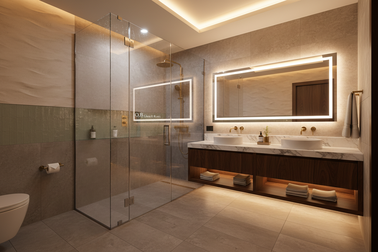 A bold, modern luxury bathroom designed for the brand O.B Glass & Bath.

The space must combine:

A frameless glass shower enclosure as the main focus

A designer floating vanity

Colored accent walls (soft beige, warm gray, stone, or muted green tones)

Warm architectural LED lighting

The scene should feel premium, creative and stylish, not minimalistic white.

Use color contrast, textured walls, and layered lighting to give the space character.

The glass shower should look high-end and professional with