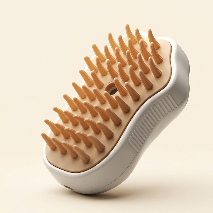 Gray grooming brush with beige rounded bristles on a warm cream background