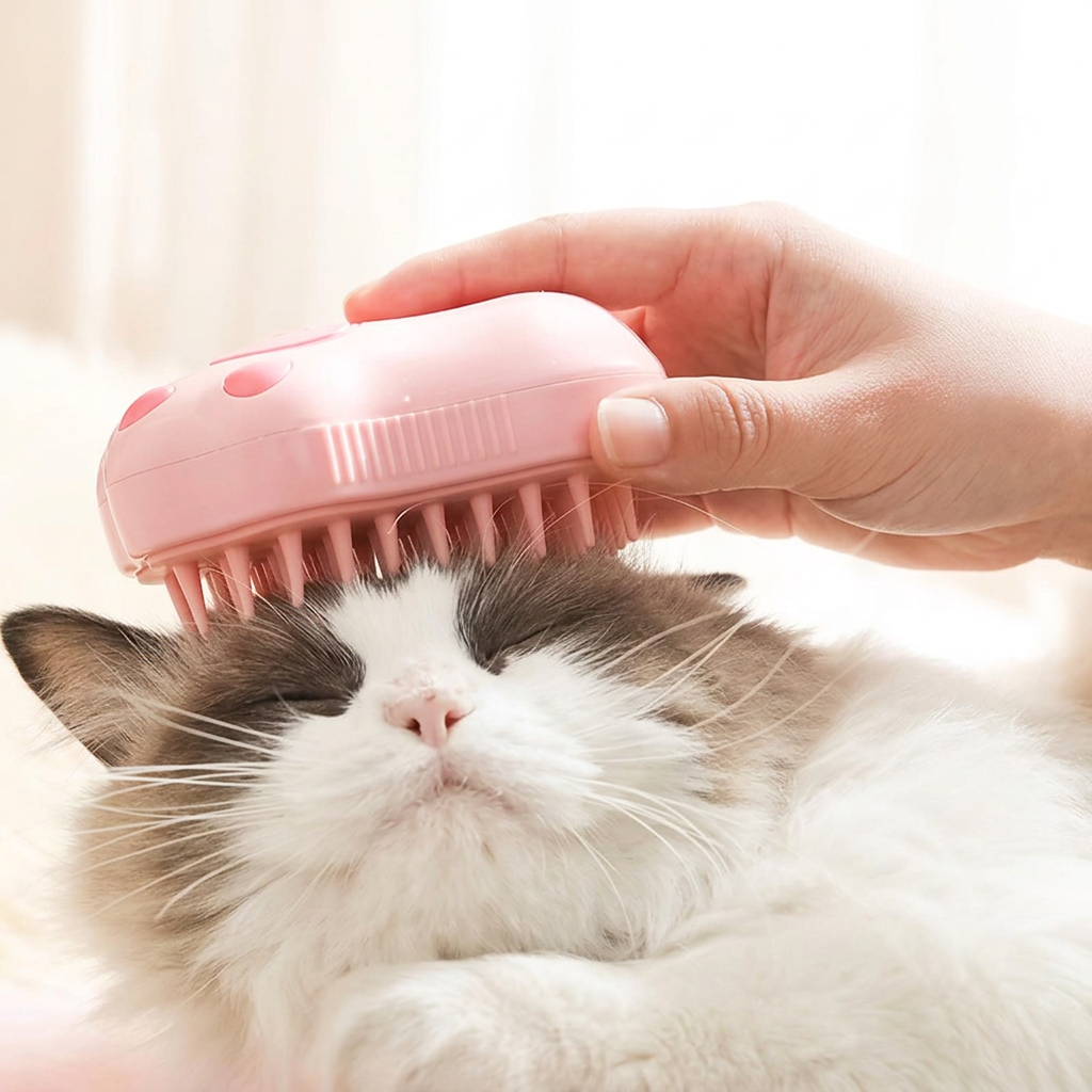 Pink brush grooming a cat