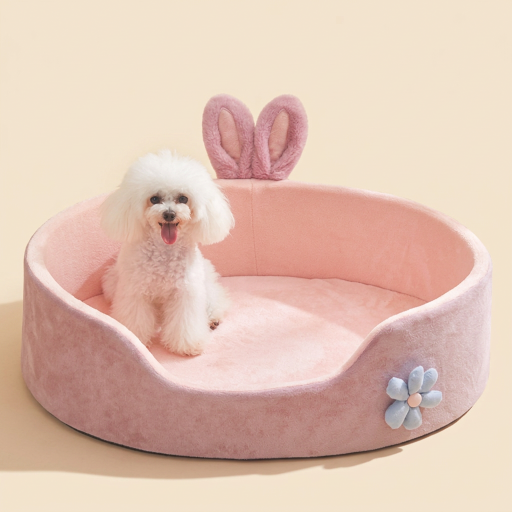 Pink bunny-ear pet bed with a small dog sitting in it