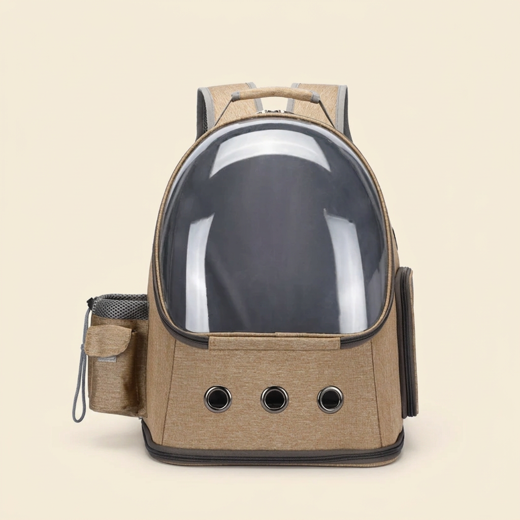 Khaki pet carrier backpack with a large front window on a cream background