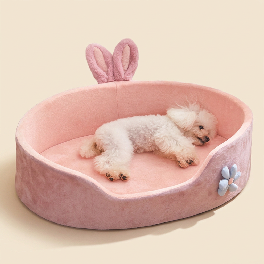 Pink bunny-ear pet bed with a small dog sleeping in it