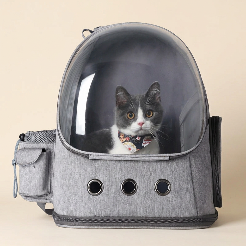 Grey window pet carrier backpack with a cat inside