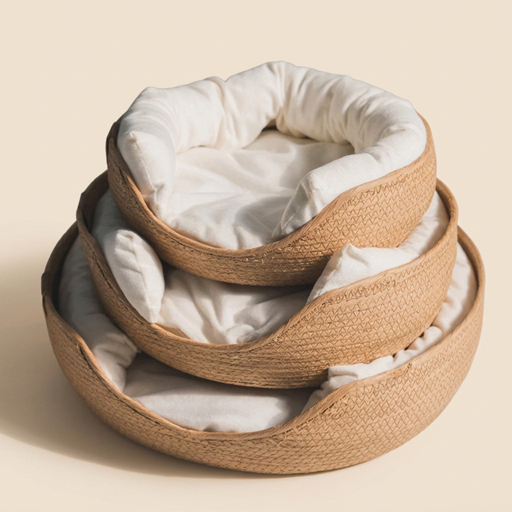 Woven pet basket beds stacked in three sizes