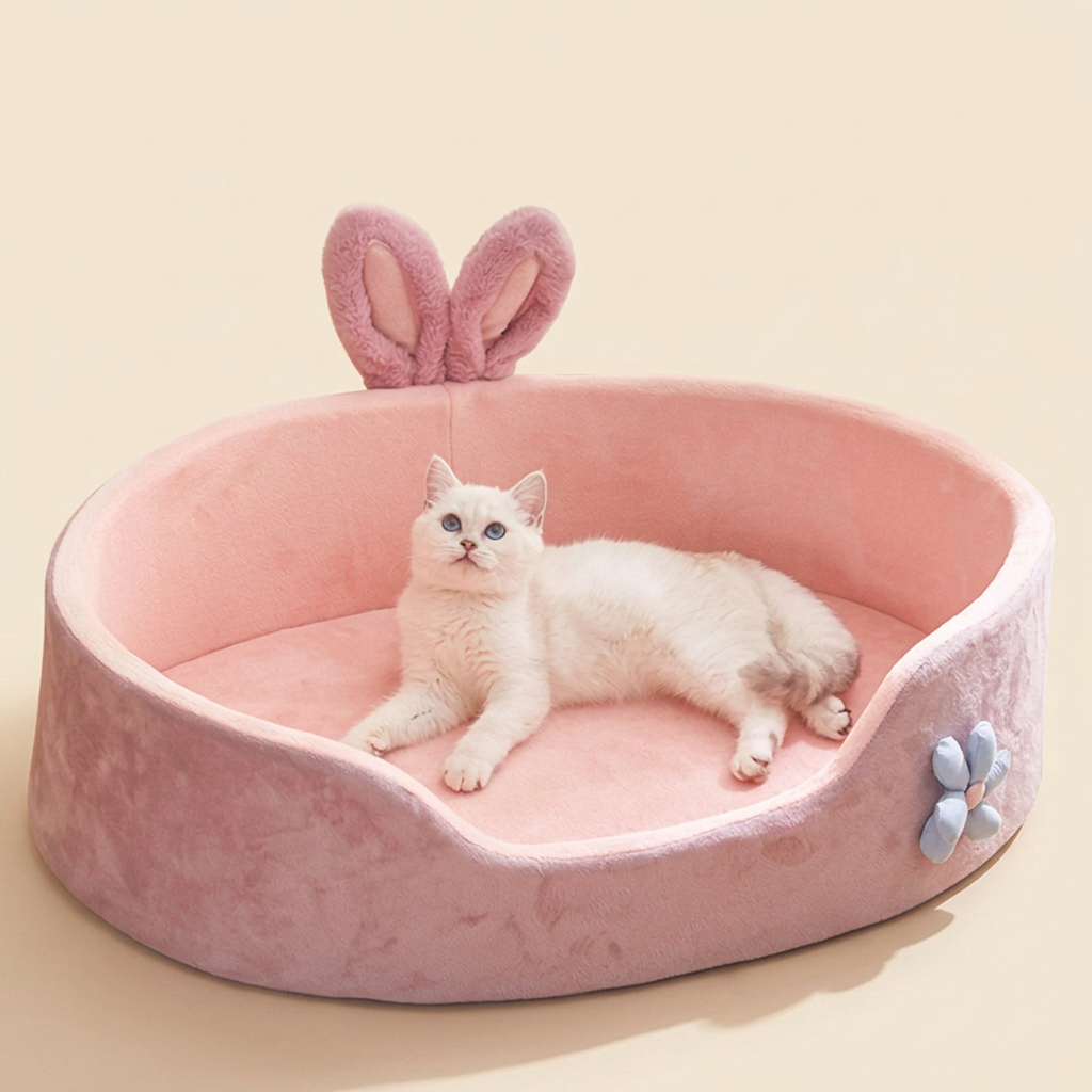 Pink bunny-ear pet bed with a white cat lying in it