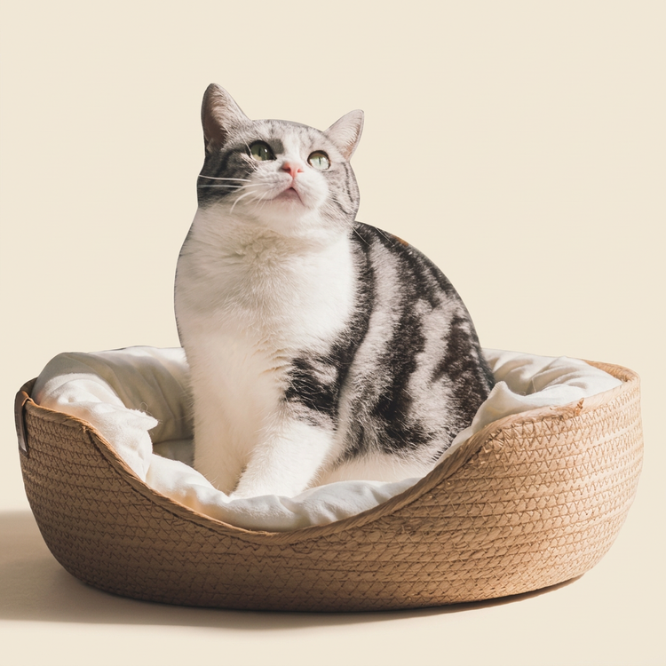 Woven pet basket bed with a tabby cat on a cream background